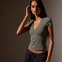Double Front Short Sleeve Deep V Tee in Palm | James Perse Los Angeles