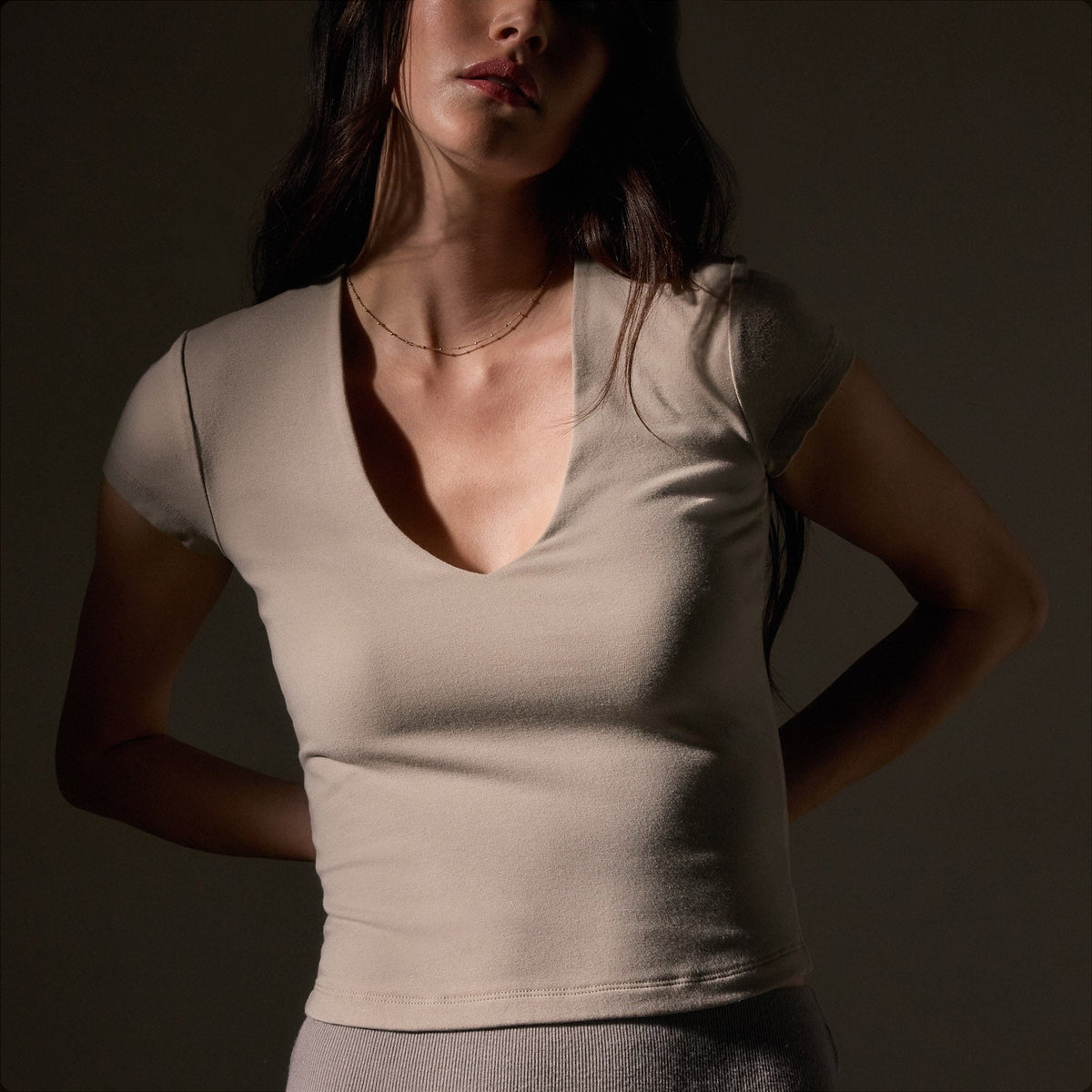 Stretch Lotus Deep V Short Sleeve Tee  in Tan | James Perse Los Angeles