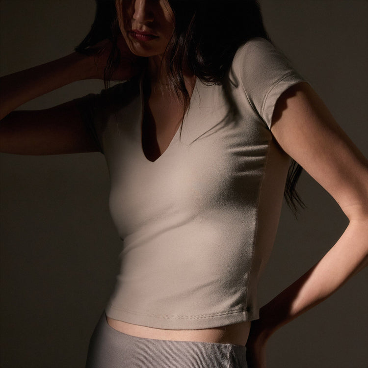 Stretch Lotus Deep V Short Sleeve Tee  in Tan | James Perse Los Angeles