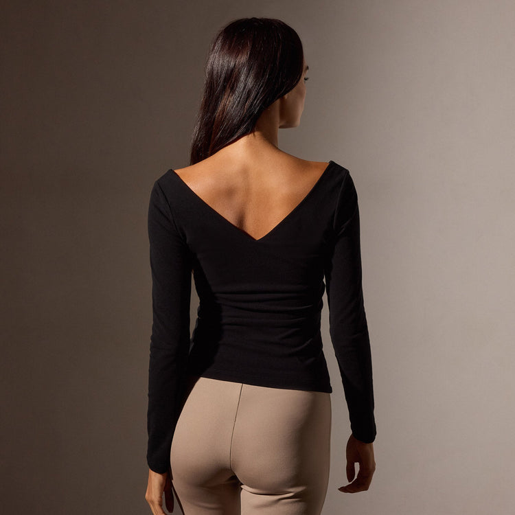 Stretch Lotus Rib Wide V Knit Top in Black | James Perse Los Angeles