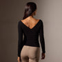 Stretch Lotus Rib Wide V Knit Top in Black | James Perse Los Angeles