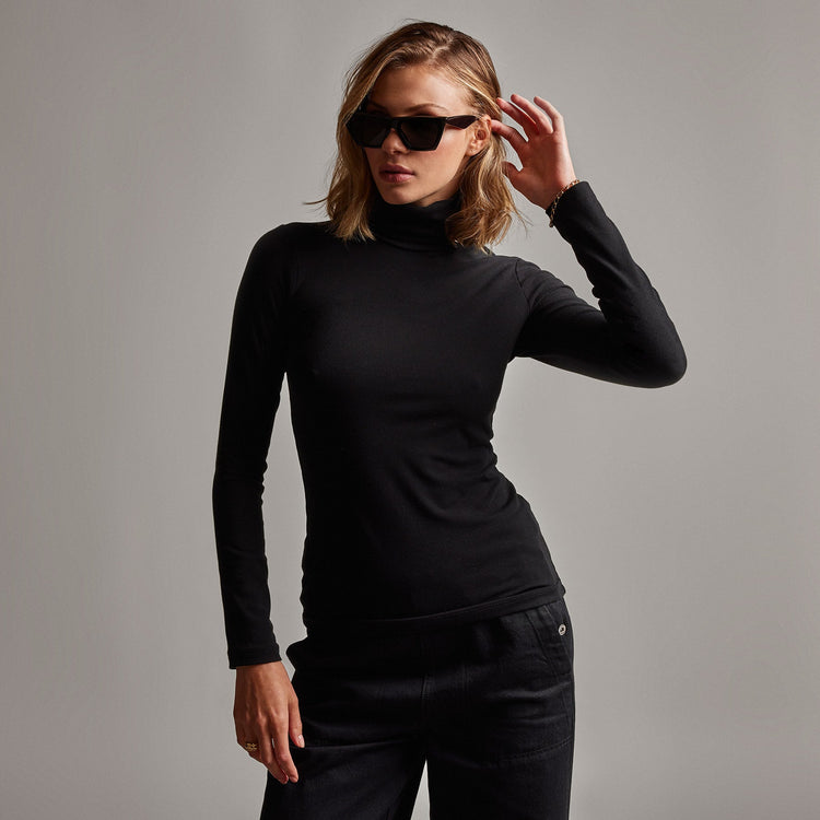 Stretch Rib Funnel Neck Long Sleeve Top in Black | James Perse Los Angeles