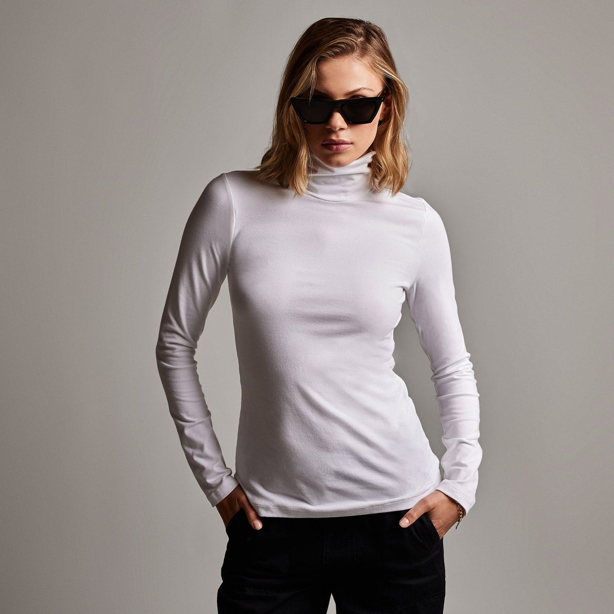 Stretch Rib Funnel Neck Long Sleeve Top in White | James Perse Los Angeles