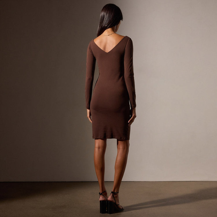 Lotus Stretch Rib Double V Dress in Americano | James Perse Los Angeles