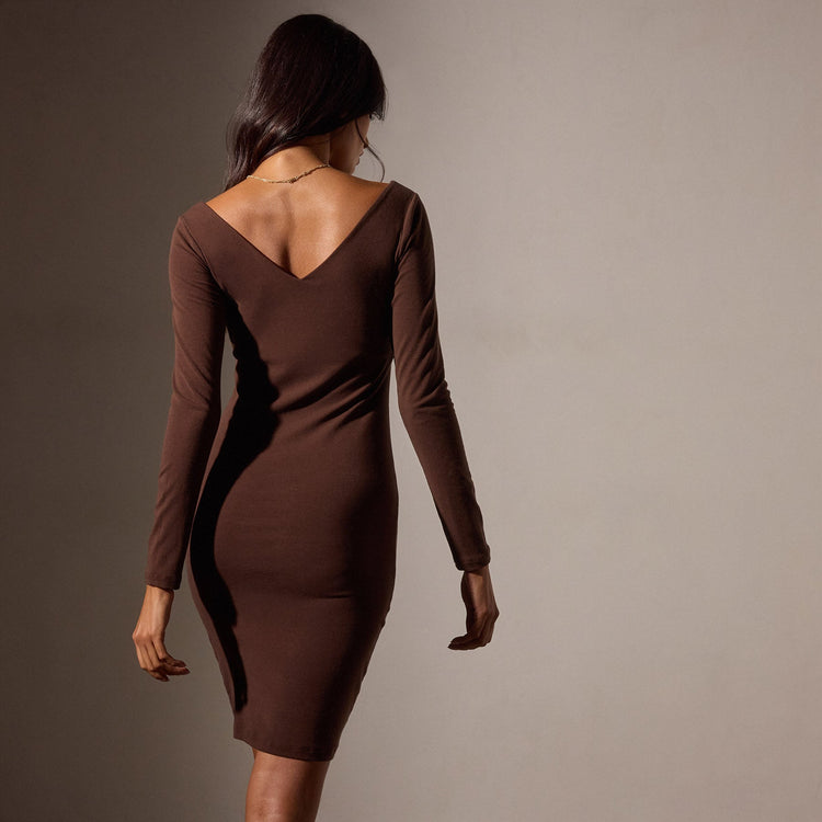 Lotus Stretch Rib Double V Dress in Americano | James Perse Los Angeles