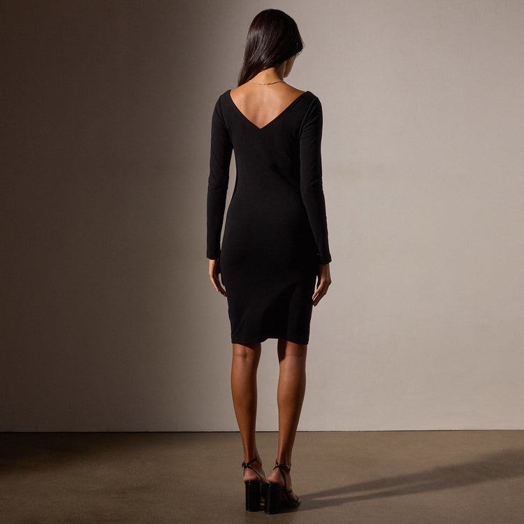 Lotus Stretch Rib Double V Dress in Black | James Perse Los Angeles
