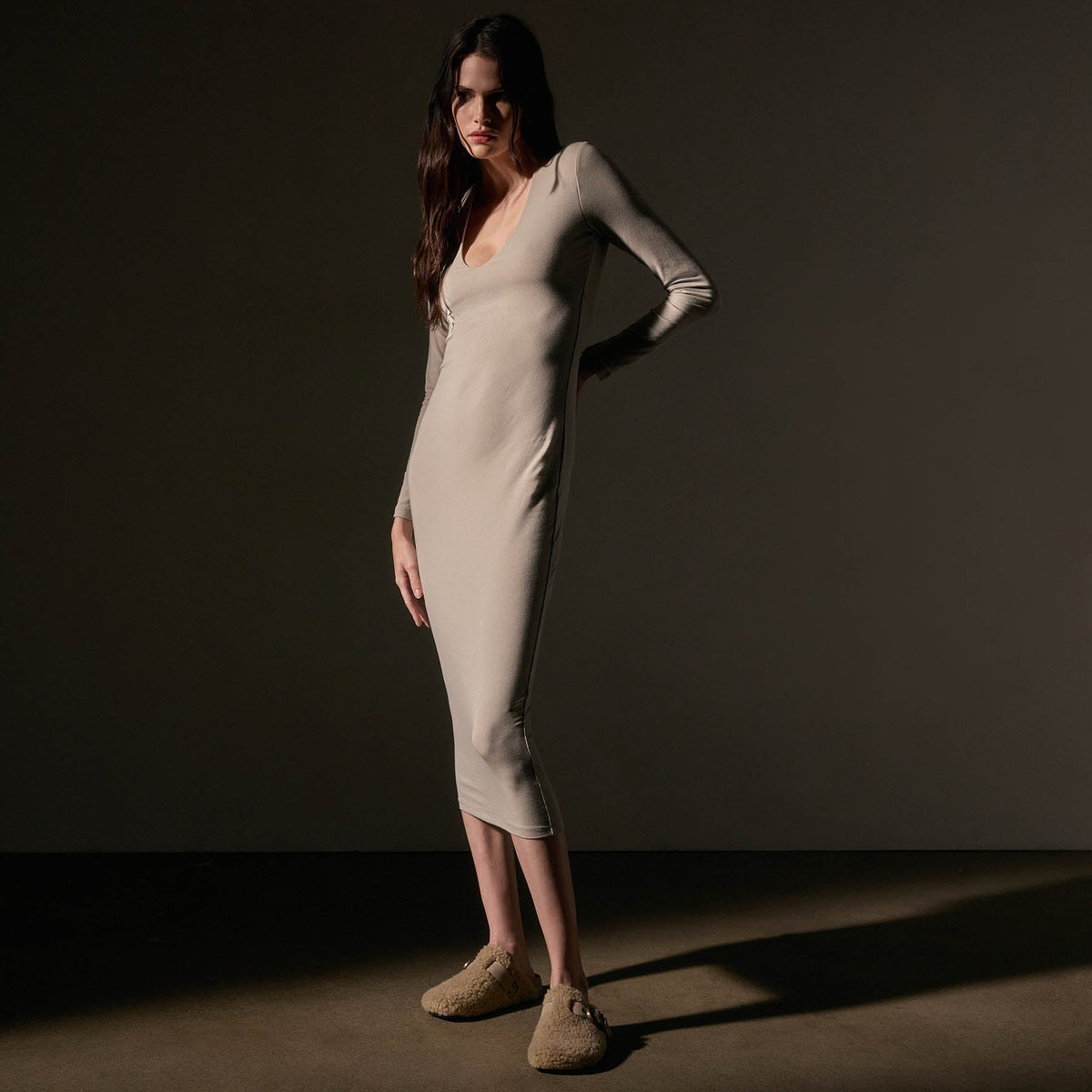Stretch Lotus Deep V Dress  in Tan | James Perse Los Angeles