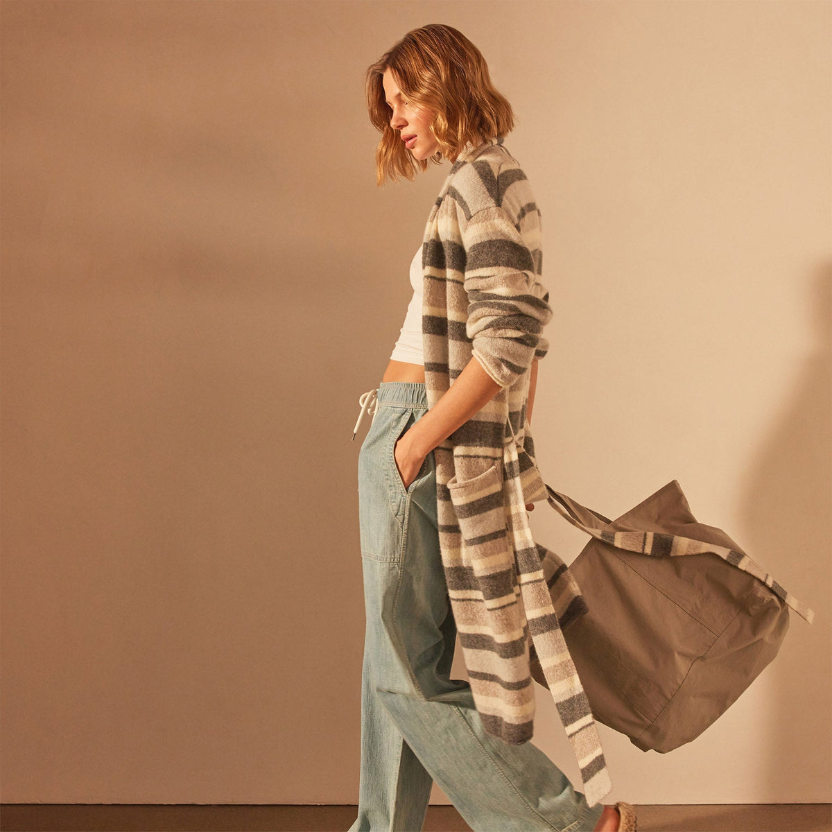 Light Cashmere Strip Cardigan in Thunder/Mist/Hazel/Ivroy | James Perse Los Angeles