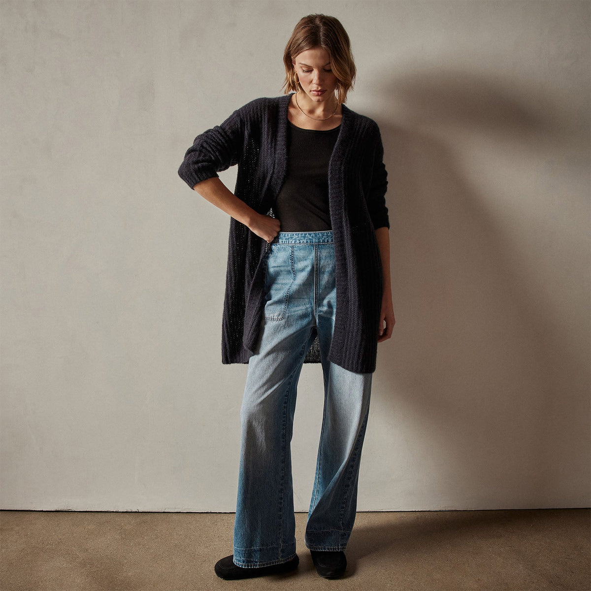 Textured Cashmere Knit Cardigan in Black | James Perse Los Angeles