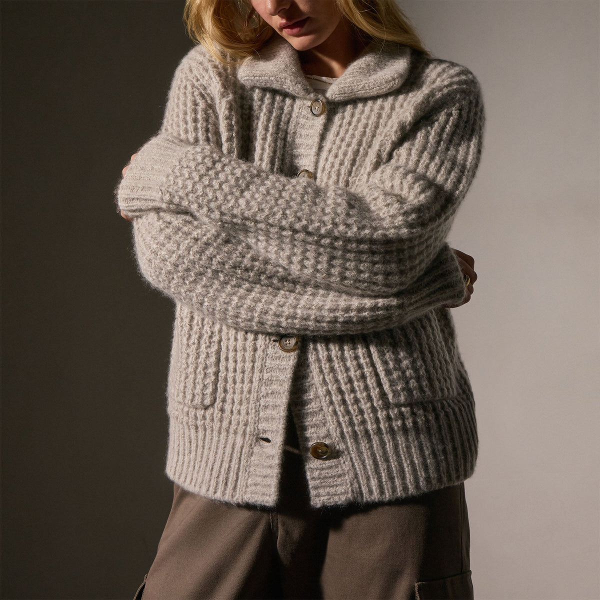 Cashmere Chunky Waffle Cardigan in Hazel | James Perse Los Angeles