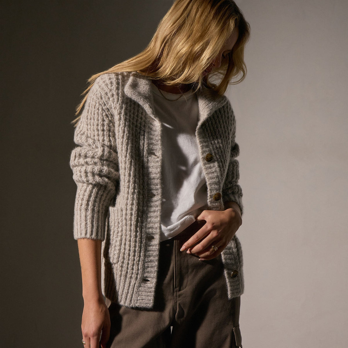 Cashmere Chunky Waffle Cardigan in Hazel | James Perse Los Angeles
