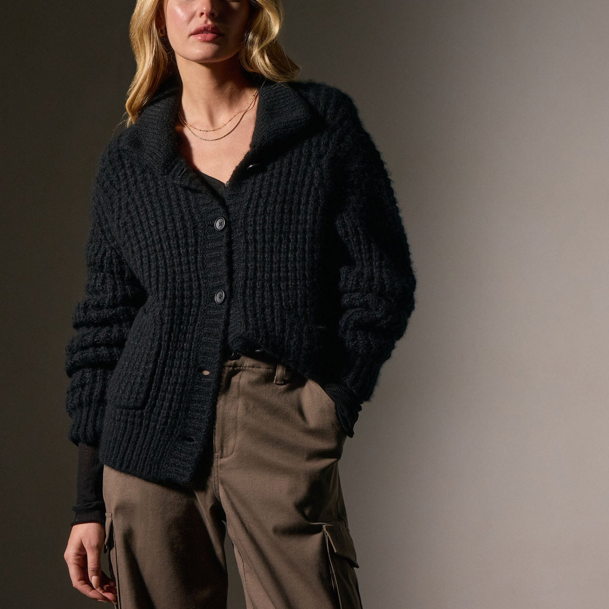 Cashmere Chunky Waffle Cardigan in True Black | James Perse Los Angeles