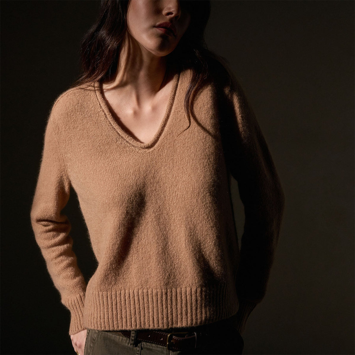 Cashmere Soft V Sweater  in Camel | James Perse Los Angeles