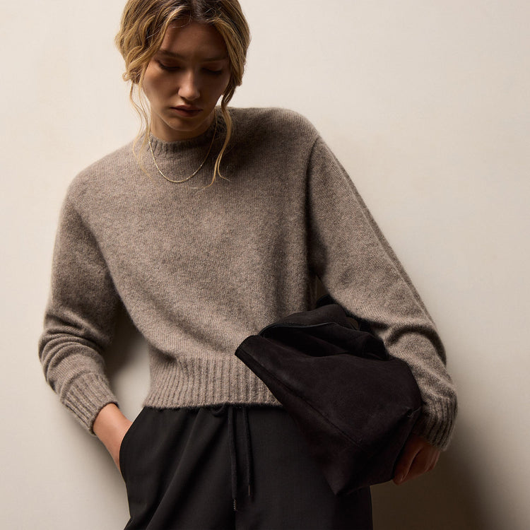 Women's Lightweight Textured Cashmere Crew Gift Set In True Black/Beige Melange | James Perse Los Angeles