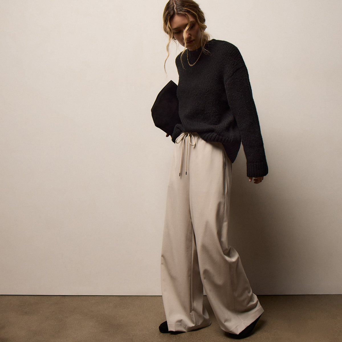 Stretch Wool Wide Leg Pant - Flax