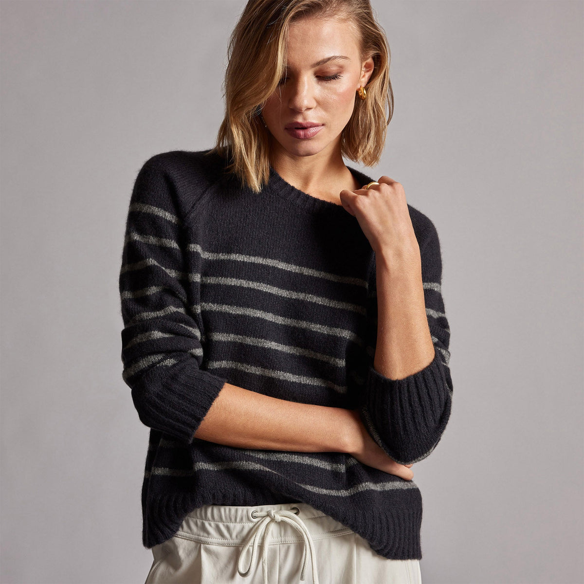 Nautical Stripe Cashmere Sweater in Black/Thunder | James Perse Los Angeles