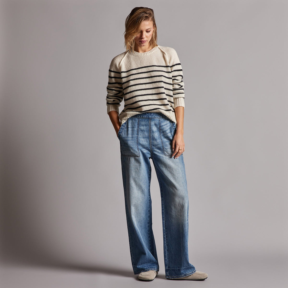 Nautical Stripe Cashmere Sweater in Ivory/Black | James Perse Los Angeles