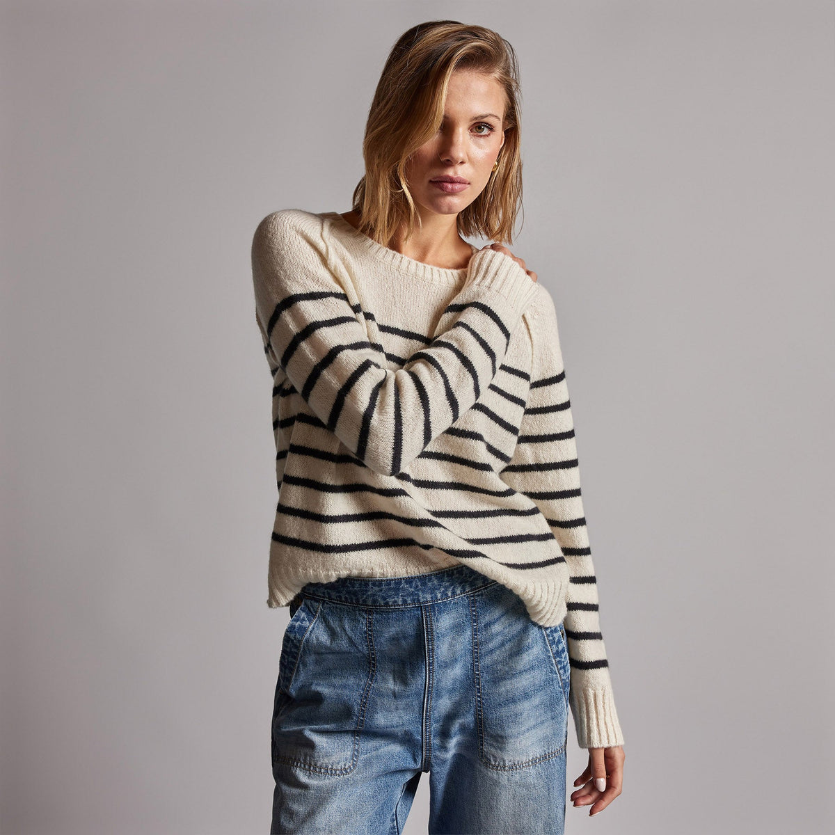 Nautical Stripe Cashmere Sweater in Ivory/Black | James Perse Los Angeles