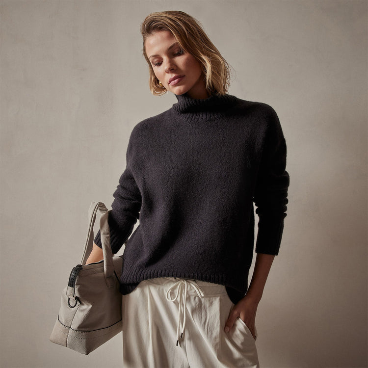 Mid Gauge Funnel Neck Sweater in Black | James Perse Los Angeles