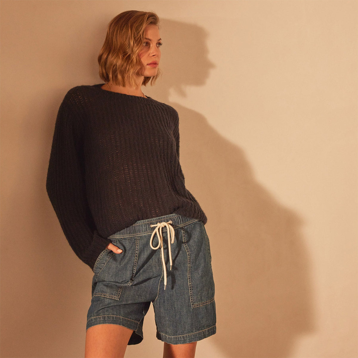 Lightweight Open Knit Cashmere Sweater in Black | James Perse Los Angeles
