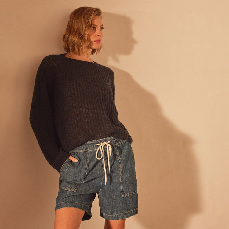 Lightweight Open Knit Cashmere Sweater in Black | James Perse Los Angeles