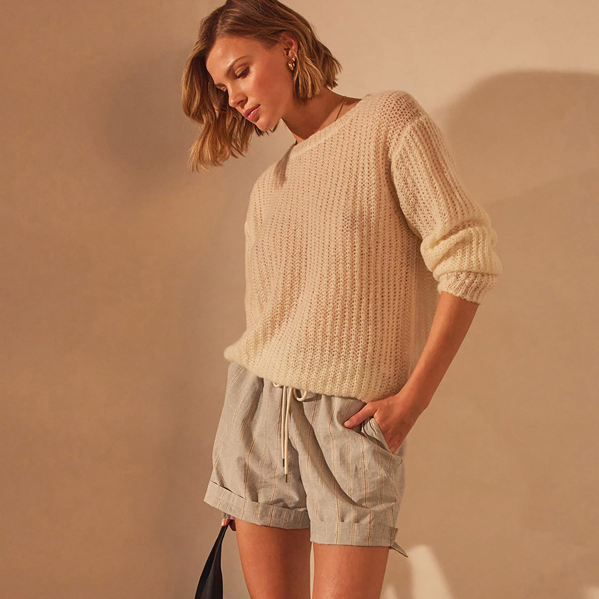 Lightweight Open Knit Cashmere Sweater in Ivory | James Perse Los Angeles