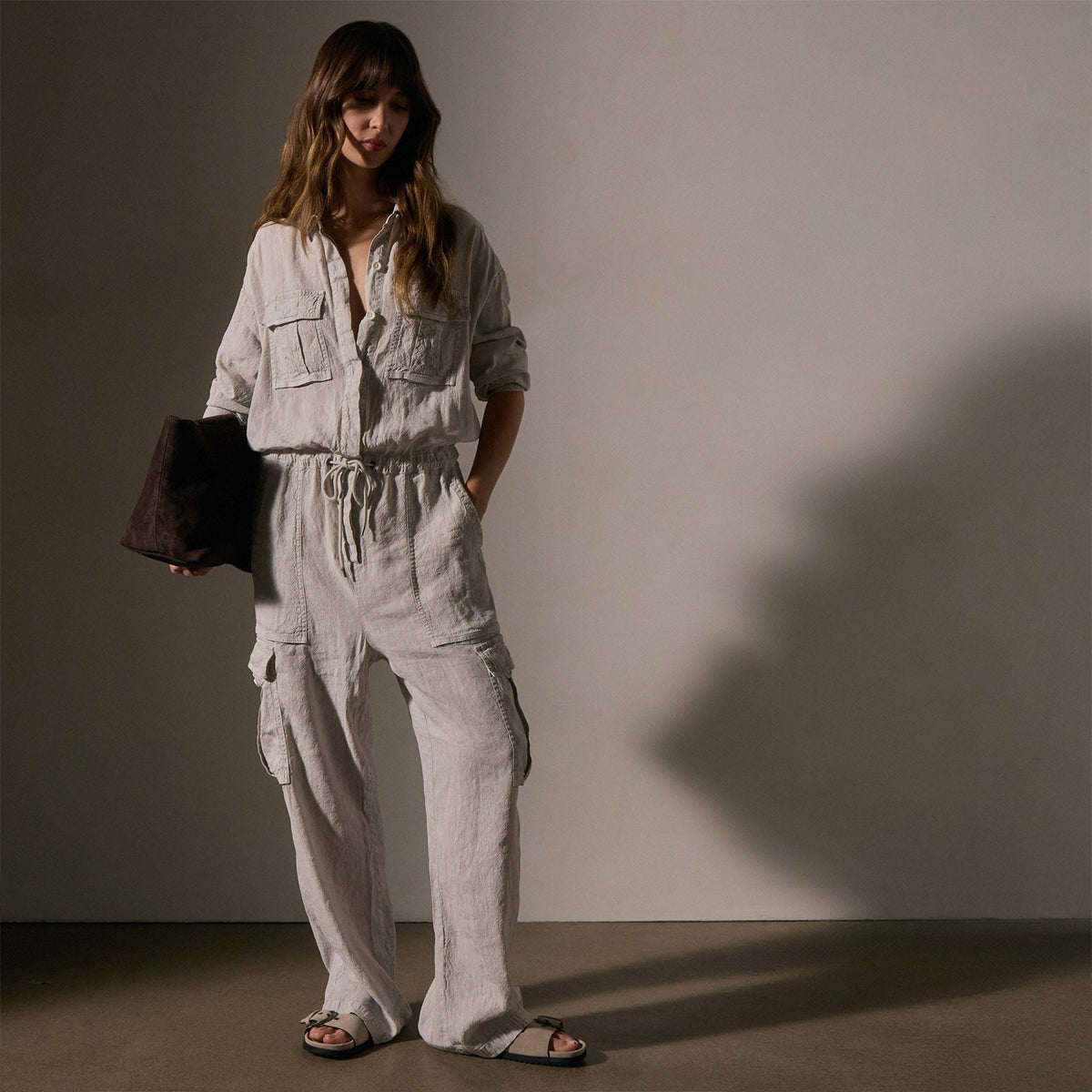 Textured Linen Viscose Jumpsuit in Nimbus Pigment | James Perse Los Angeles