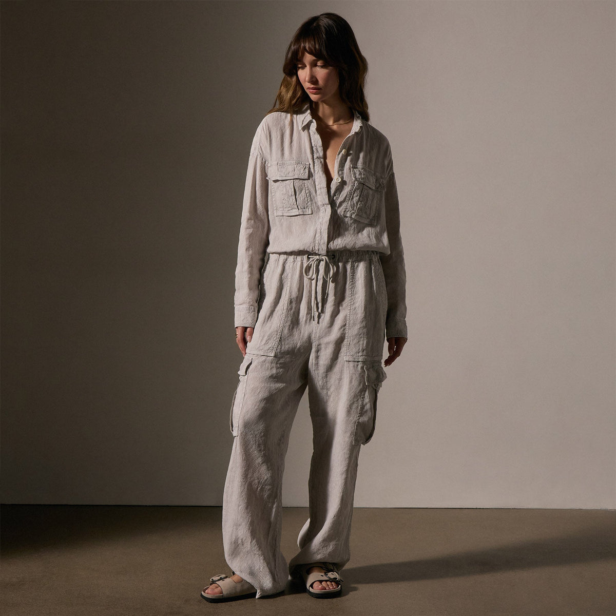 Textured Linen Viscose Jumpsuit in Nimbus Pigment | James Perse Los Angeles