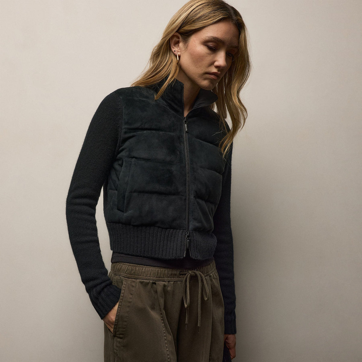 Quilted Suede Mixed Media Jacket in Black | James Perse Los Angeles