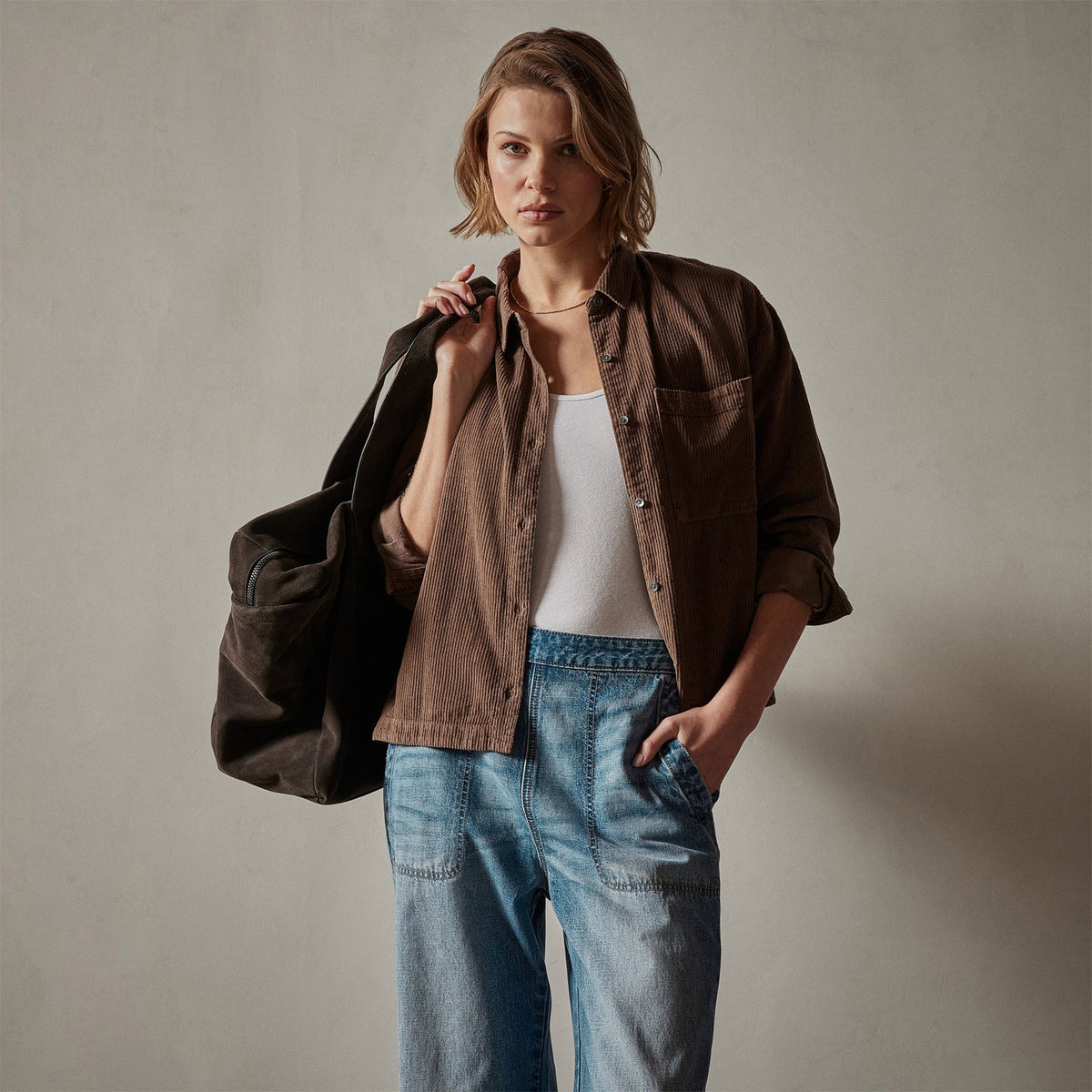 Corduroy Cropped Boxy Shirt in Fox Pigment | James Perse Los Angeles