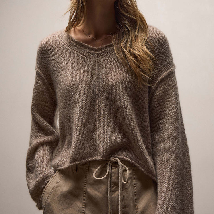 Cshmere Silk Marl Crpd V Neck in Grout Mix | James Perse Los Angeles