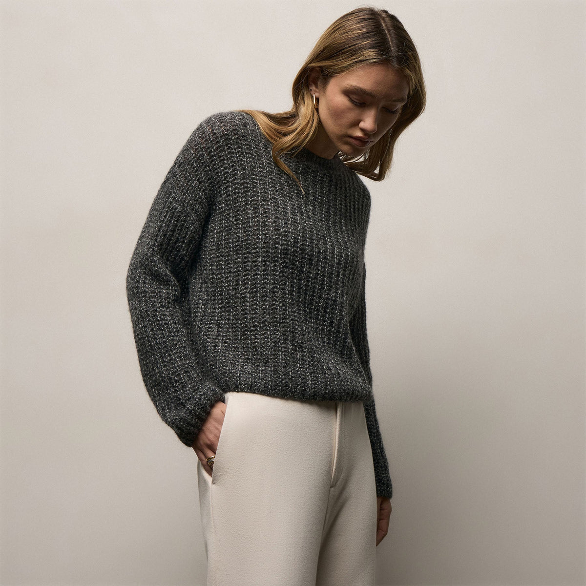 Marled Cashmere Silk Crew Sweater - Black Mix