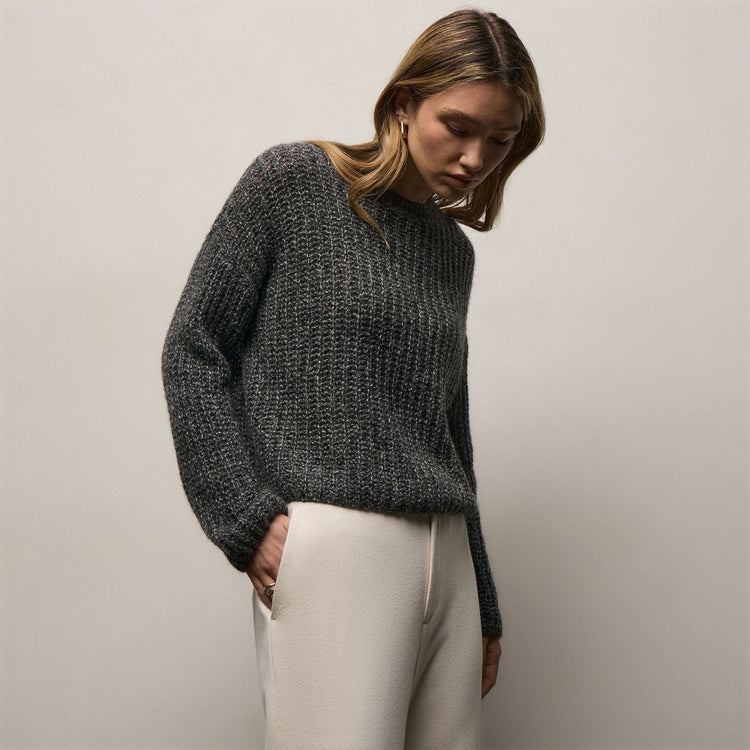 Marled Cashmere Silk Crew Sweater - Black Mix