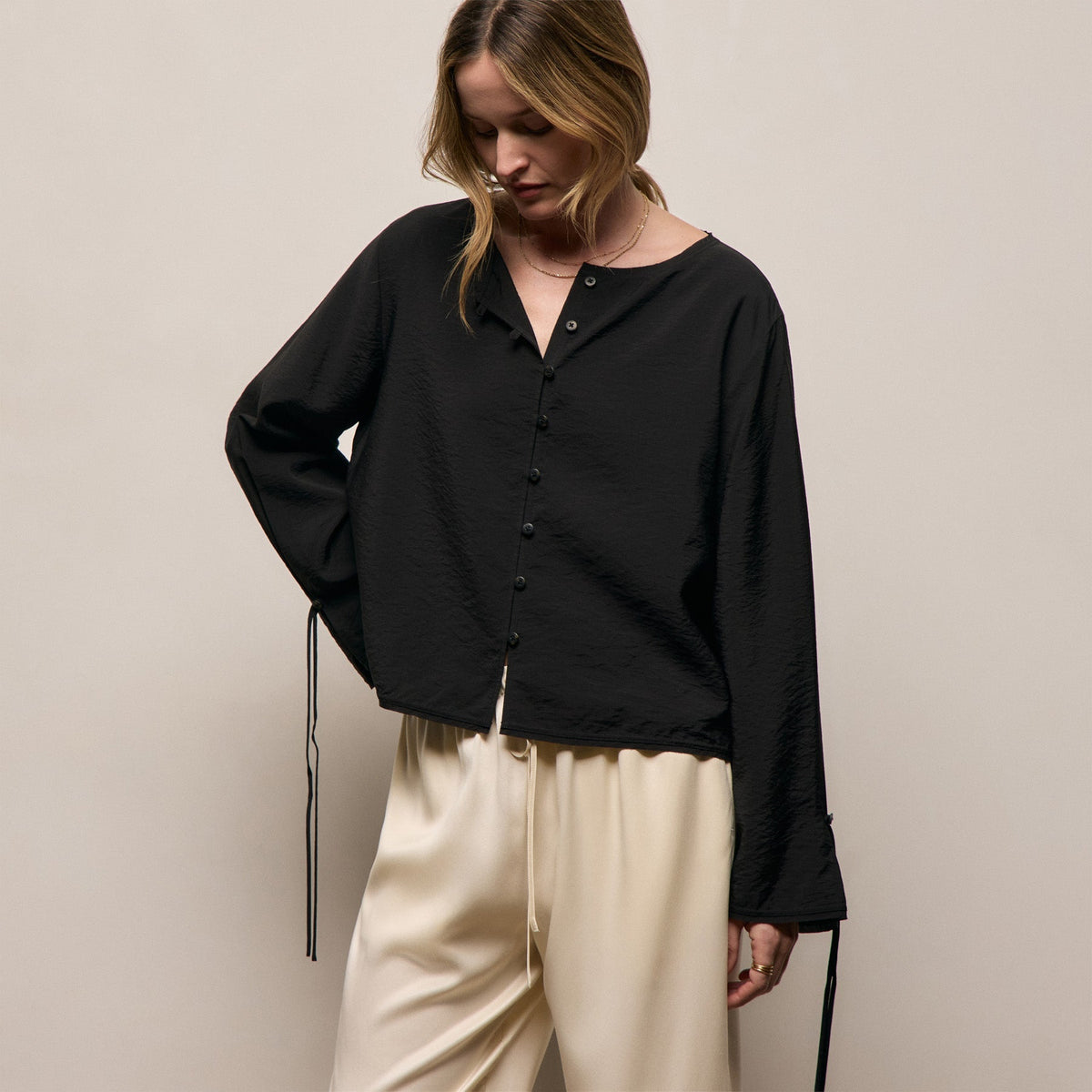 Silk Blend Tie Up Blouse in Black | James Perse Los Angeles