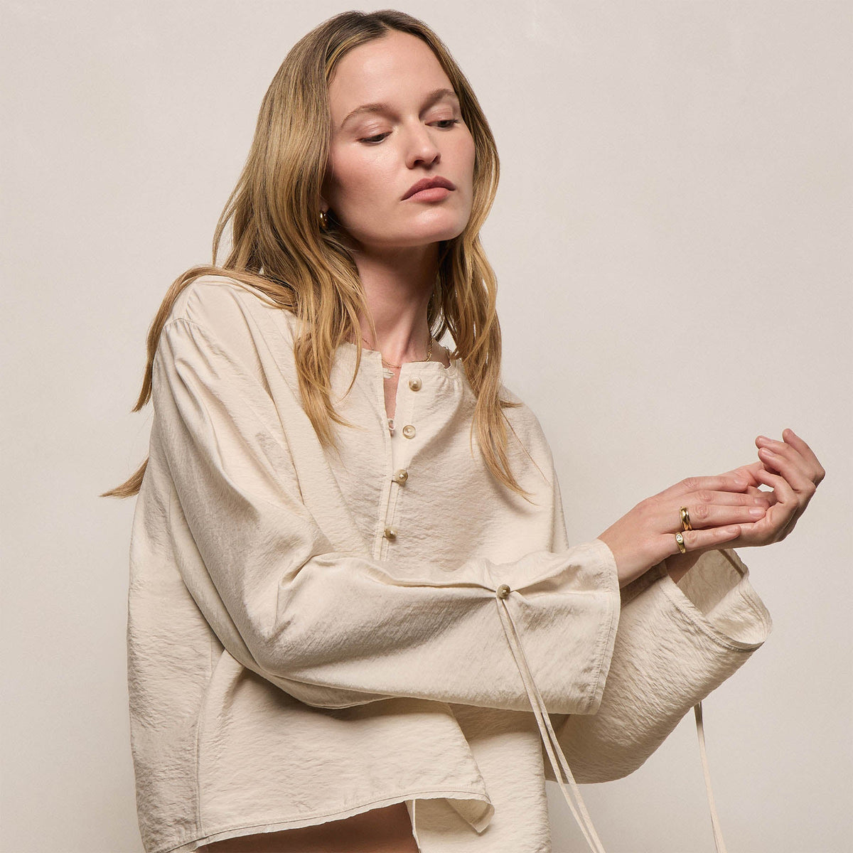 Silk Blend Tie Up Blouse in Parchment | James Perse Los Angeles