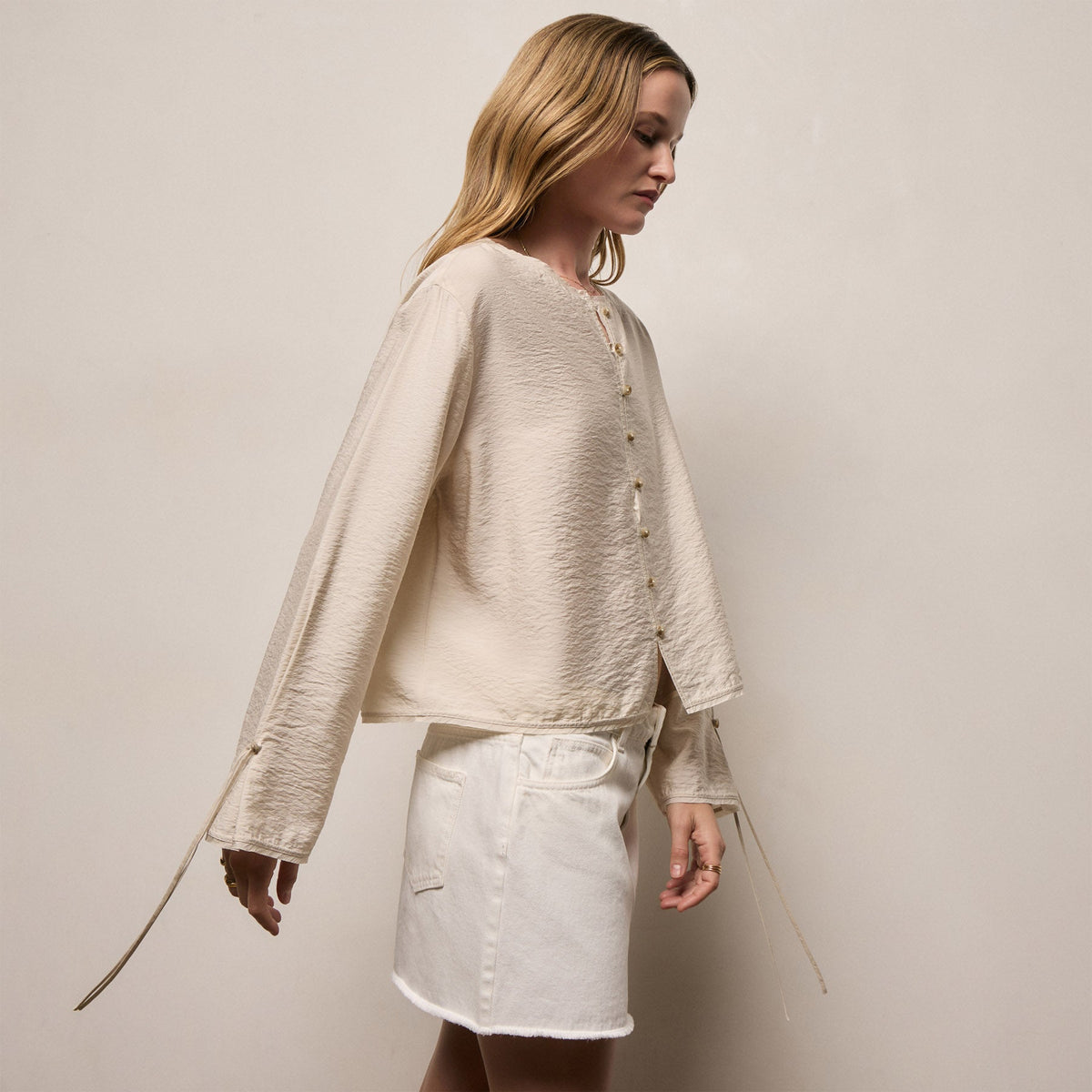 Silk Blend Tie Up Blouse in Parchment | James Perse Los Angeles