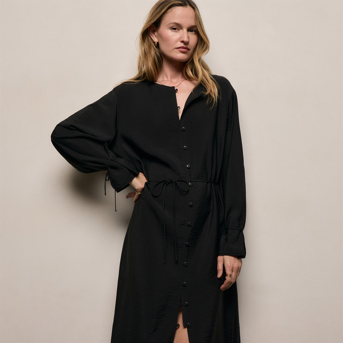 Silk Blend Tie Up Dress in Black | James Perse Los Angeles