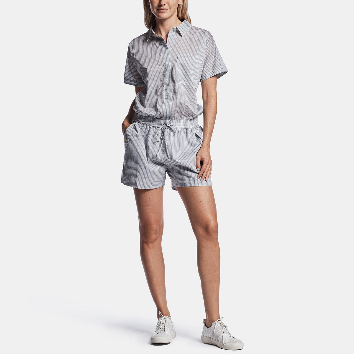 Striped Organza Romper In Black/White | James Perse Los Angeles