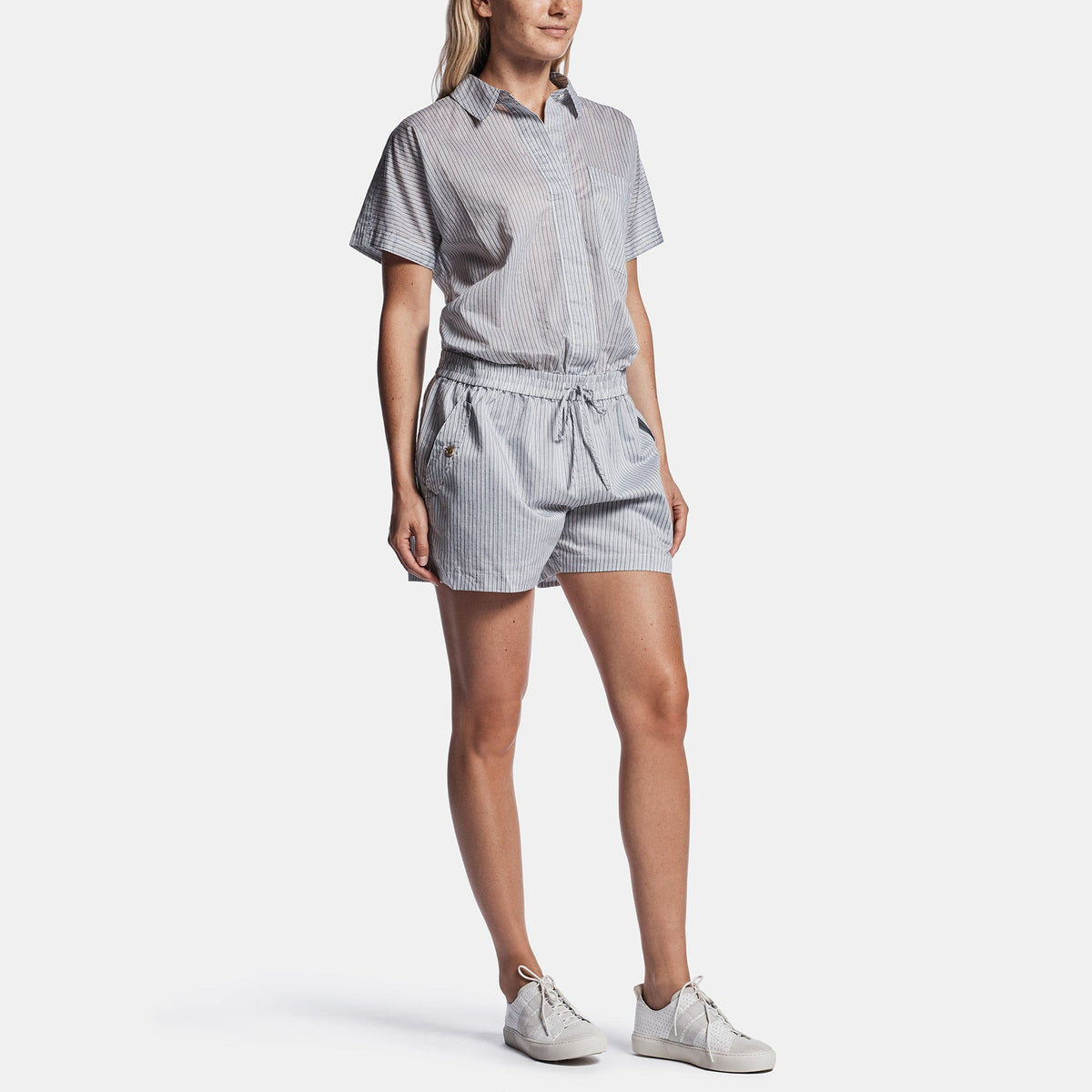 Striped Organza Romper In Black/White | James Perse Los Angeles