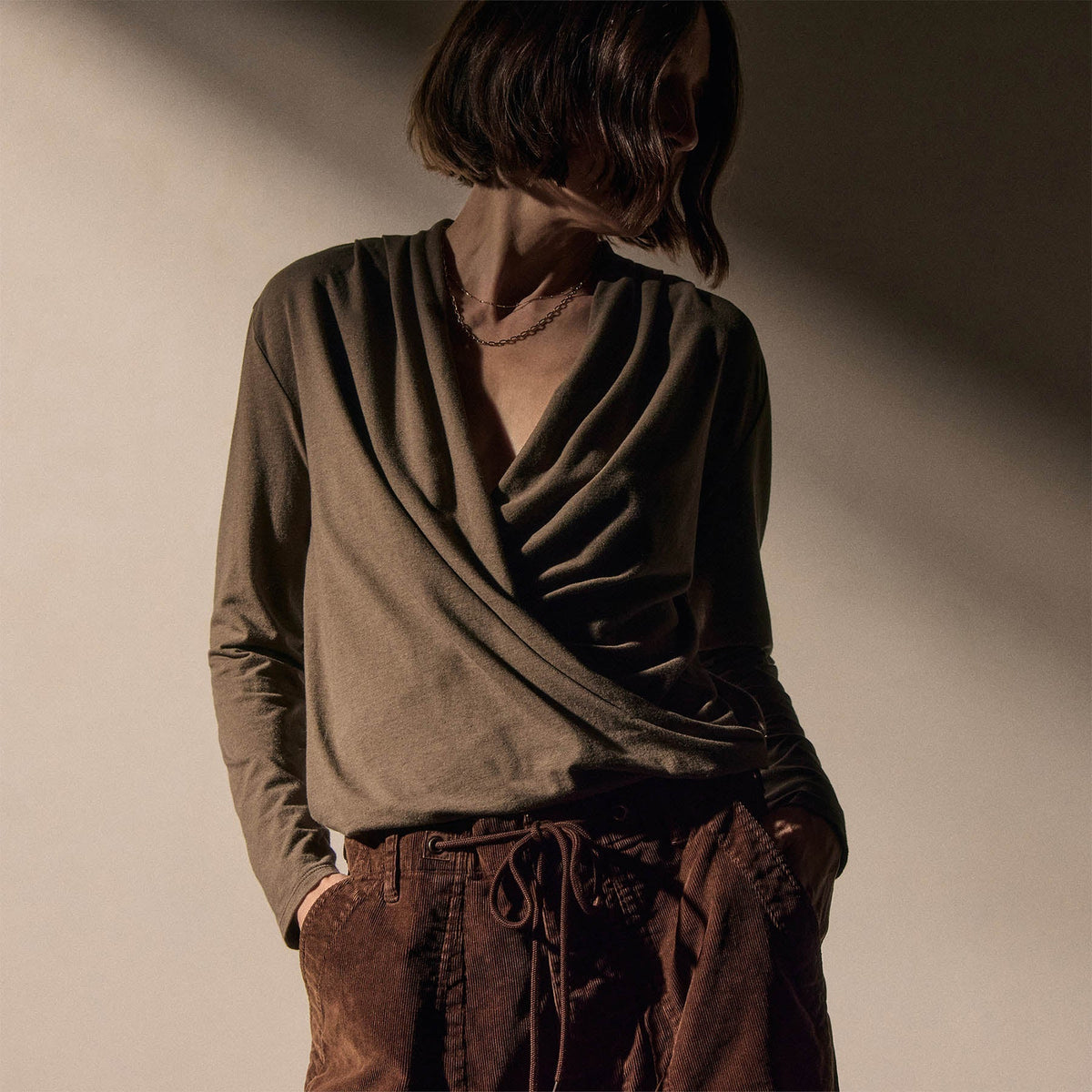 Melange Jersey Drape Front Top in Caribou | James Perse Los Angeles