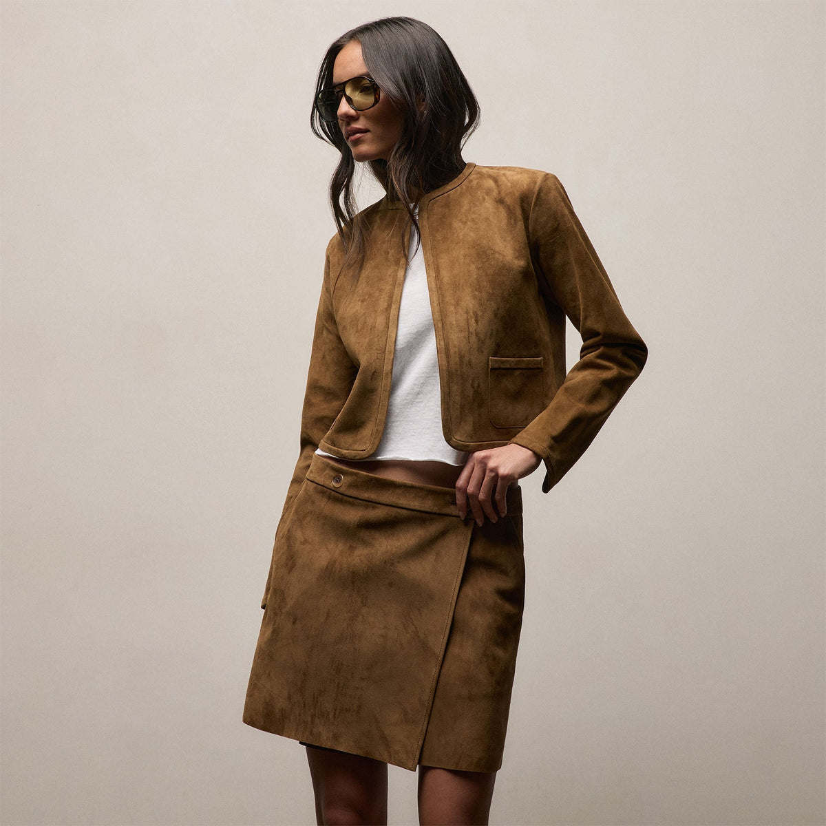 Suede Cropped Open Jacket in Tabacco | James Perse Los Angeles