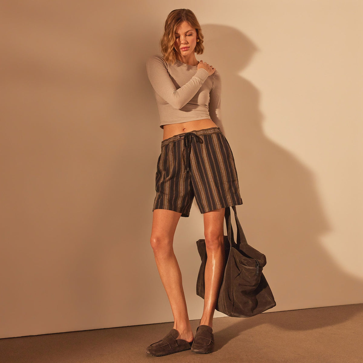 Relaxed Striped Button Short in Black Stripe | James Perse Los Angeles