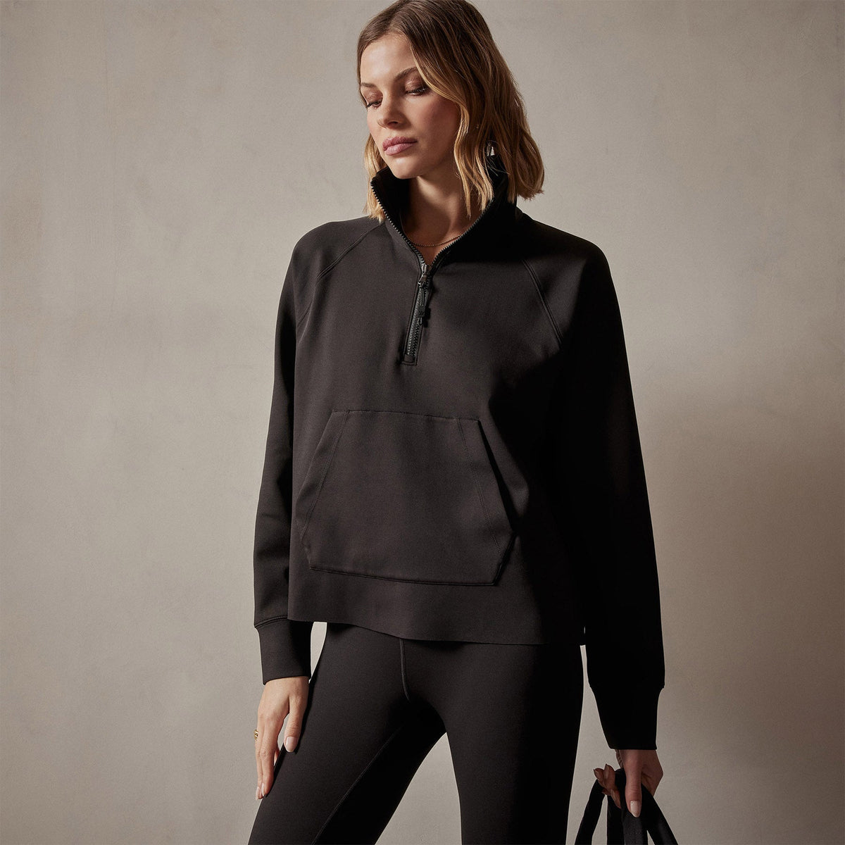 Long Sleeve Zip Sweat Top in Black | James Perse Los Angeles