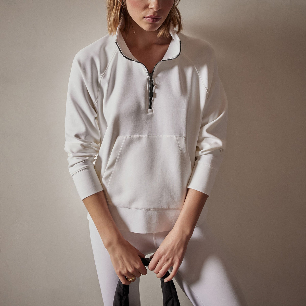 Long Sleeve Zip Sweat Top in White | James Perse Los Angeles