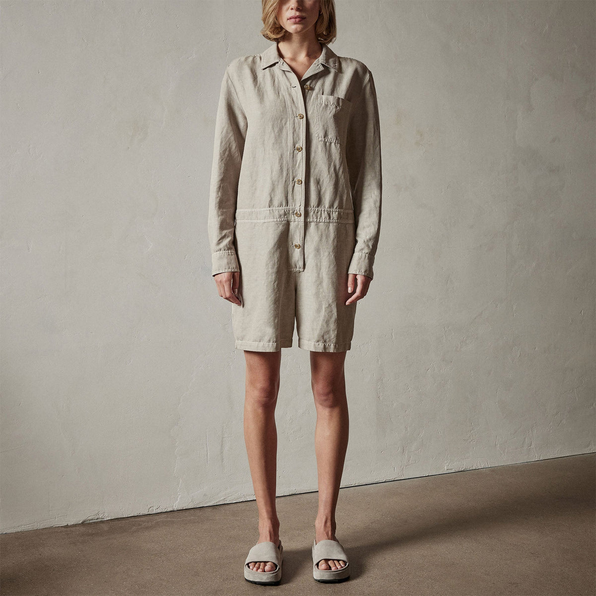 Nylon Linen Herringbone Boilersuit in Mineral Pigment | James Perse Los Angeles