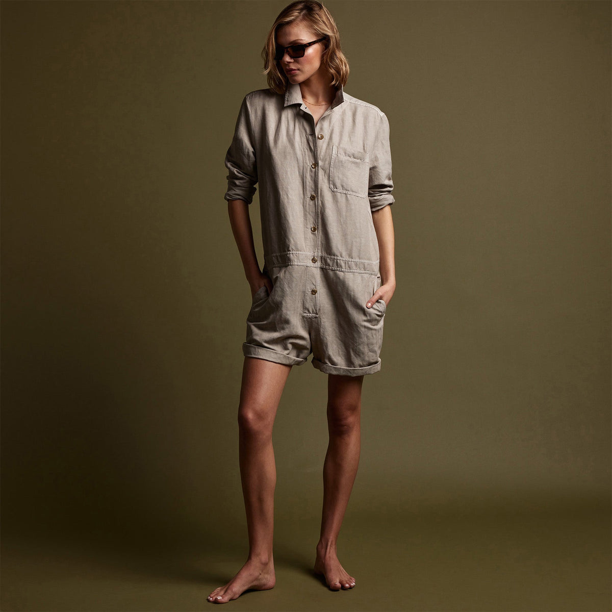 Nylon Linen Herringbone Boilersuit in Mineral Pigment | James Perse Los Angeles