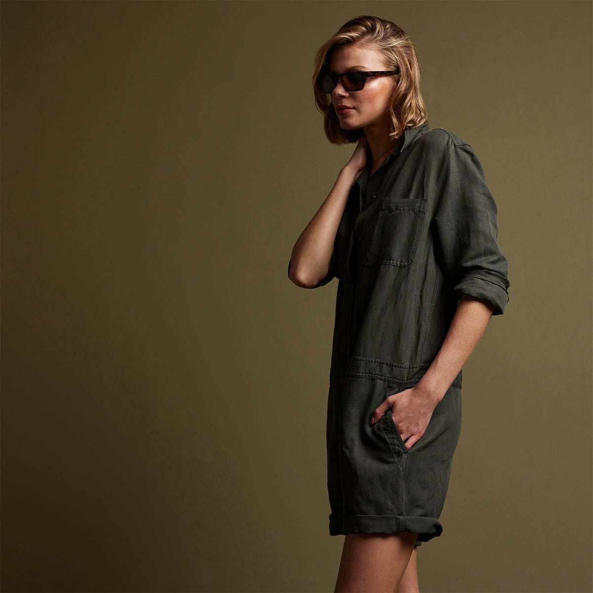 Nylon Linen Herringbone Boilersuit in Marsh Pigment | James Perse Los Angeles