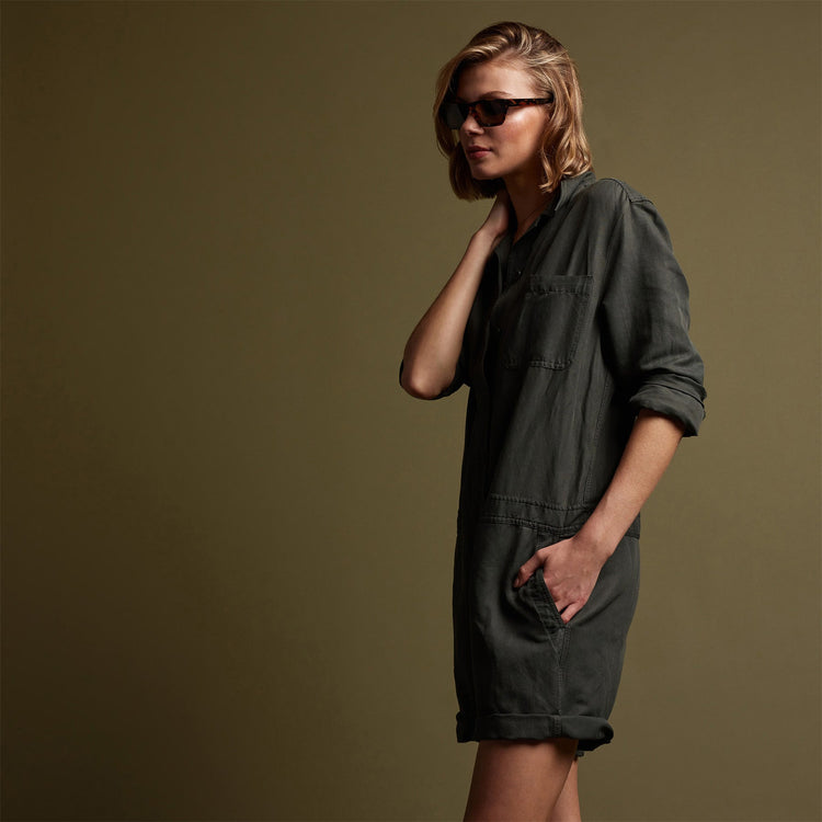 Nylon Linen Herringbone Boilersuit in Marsh Pigment | James Perse Los Angeles