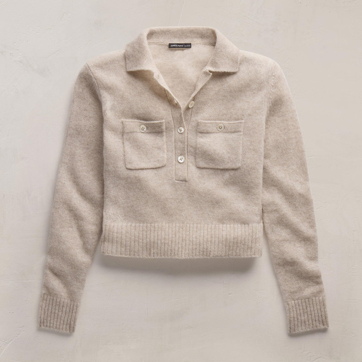 Open Knit Cashmere Polo in Light Beige | James Perse Los Angeles FLAT