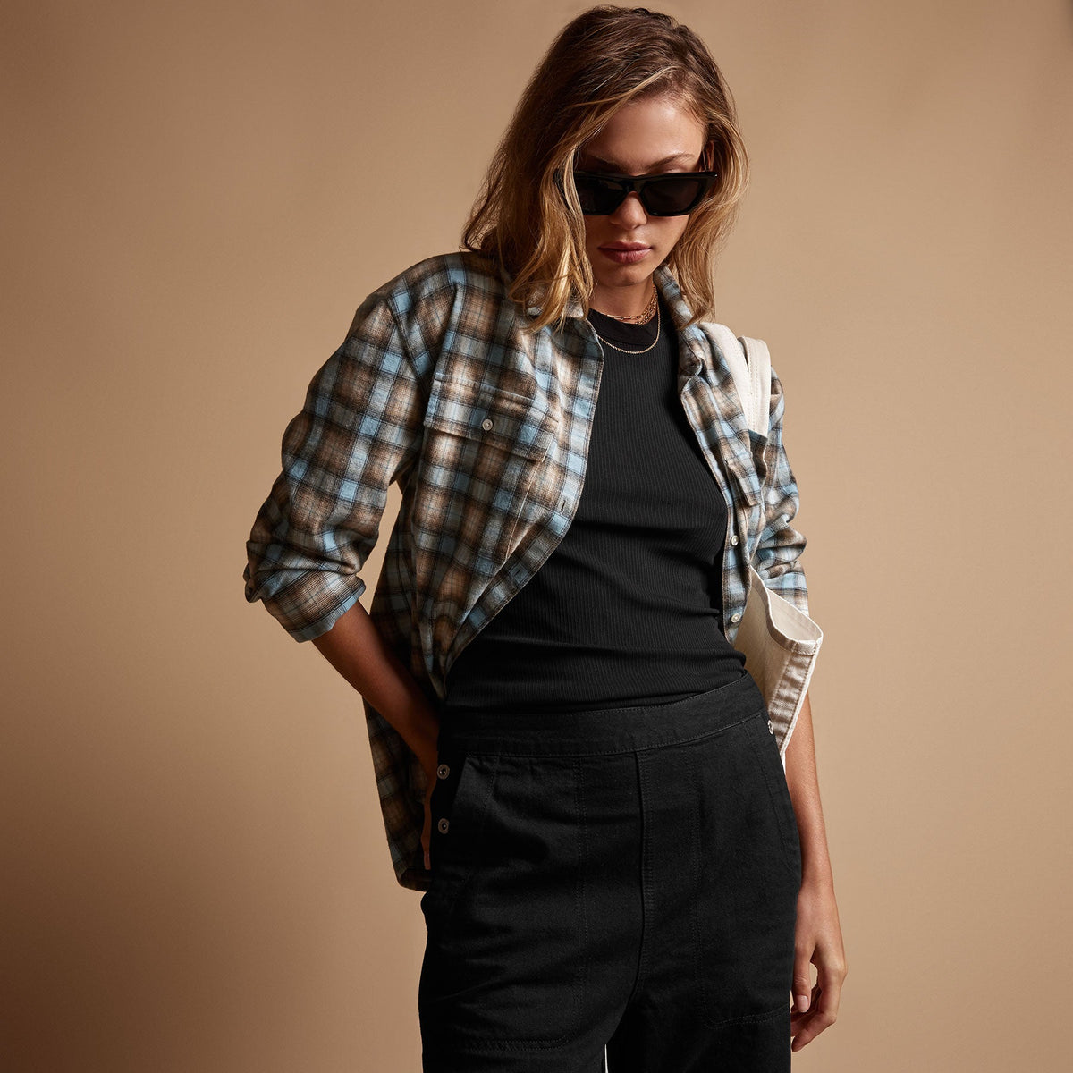 Relaxed Plaid Flannel Shirt in Baby Blue | James Perse Los Angeles
